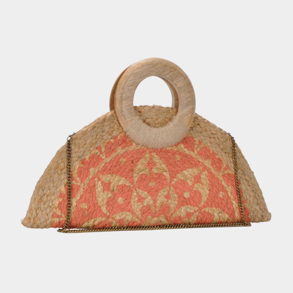 Boho Wood Handle Half Moon Shape Eco-Friendly Straw Tote Bag Crossbody Bag NEW